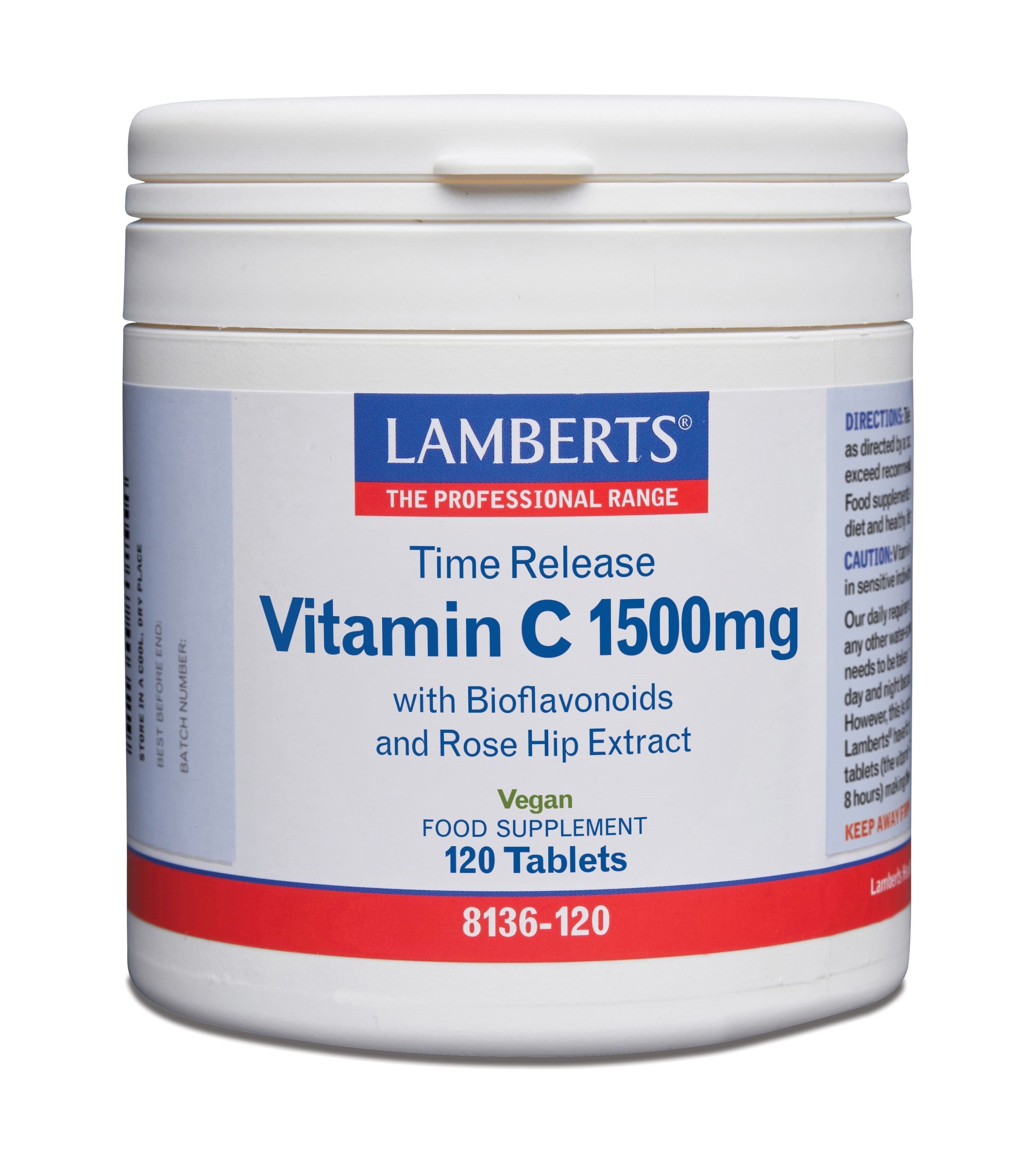 Lamberts Vitamin C 1500mg with bioflavonoids, time-release tablets, 120 count, showing the supplement bottle and label.