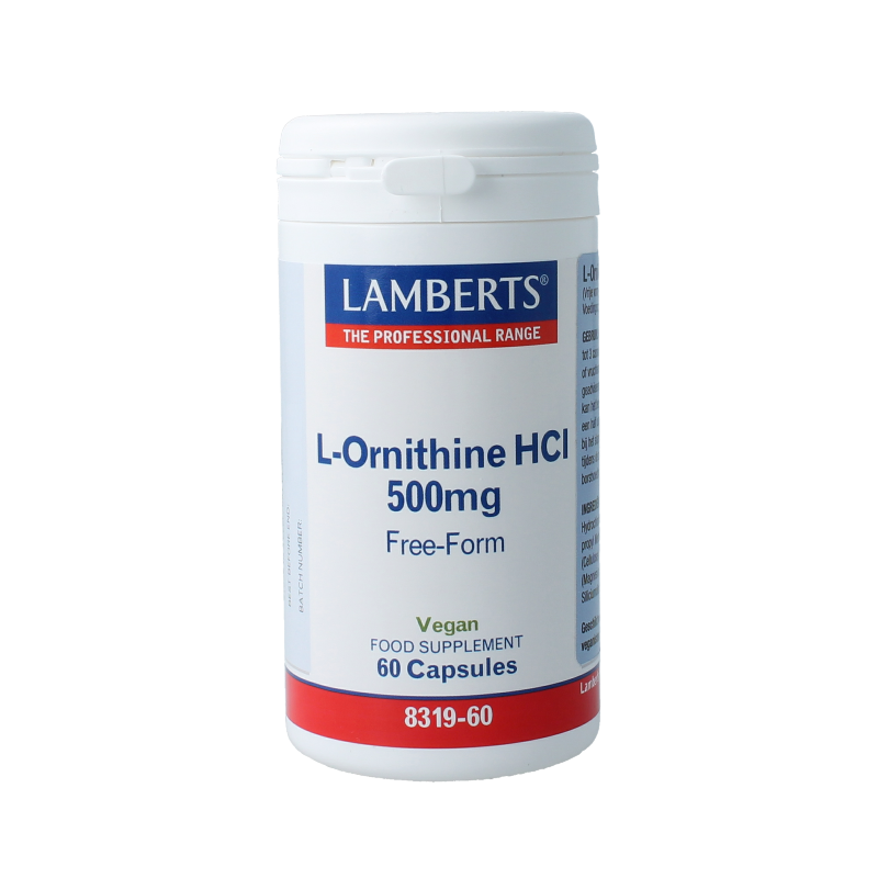 Lamberts L-Ornithine 500mg vegetarian capsules, dietary supplement with amino acids, in a bottle with capsules visible.