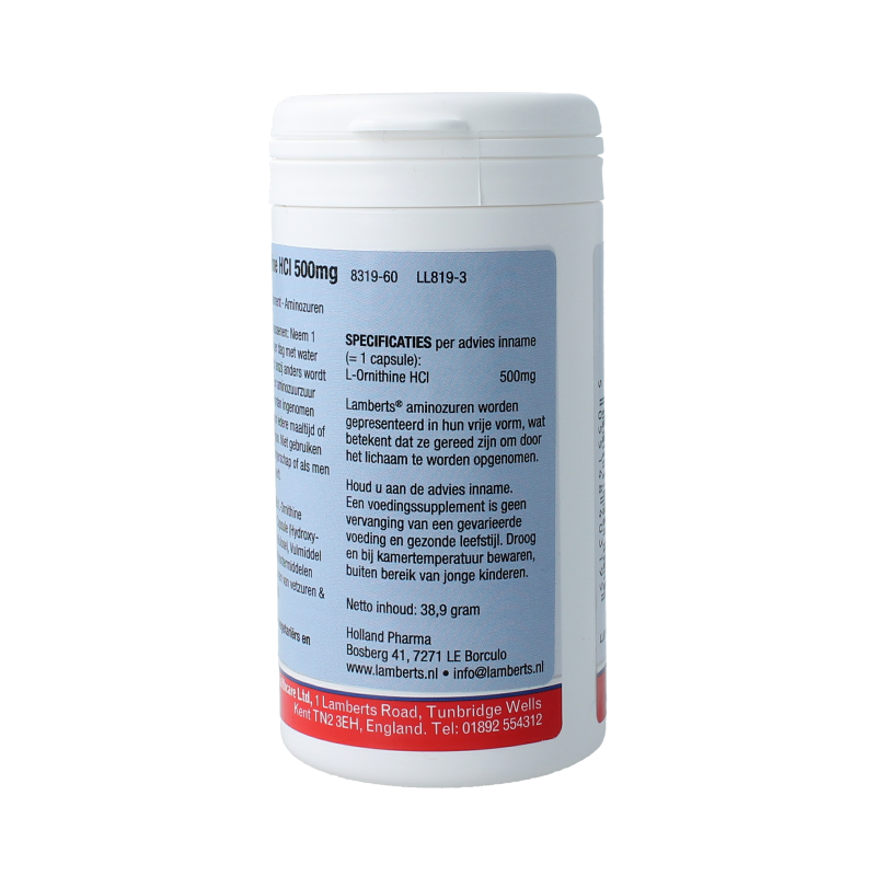 Lamberts L-Ornithine 500mg vegetarian capsules, amino acids supplement, shown in a bottle with capsules inside.
