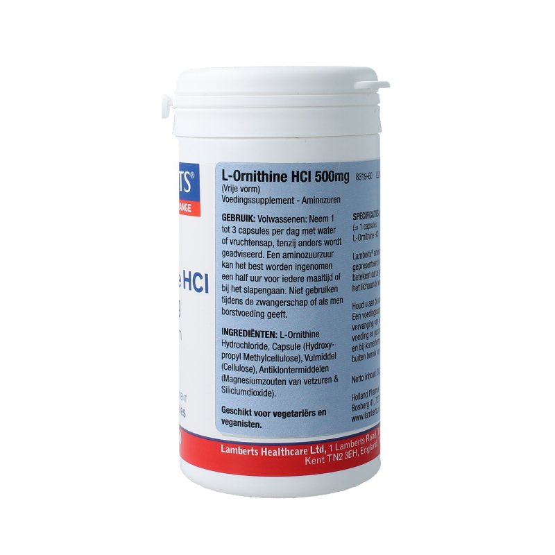 Lamberts L-Ornithine 500mg vegetarian capsules, dietary amino acid supplement, shown in the image.