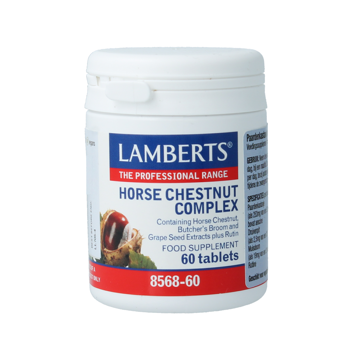 Lamberts Paardenkanstanje complex herbal tablets featuring horse chestnut for circulation support, displayed in a bottle.