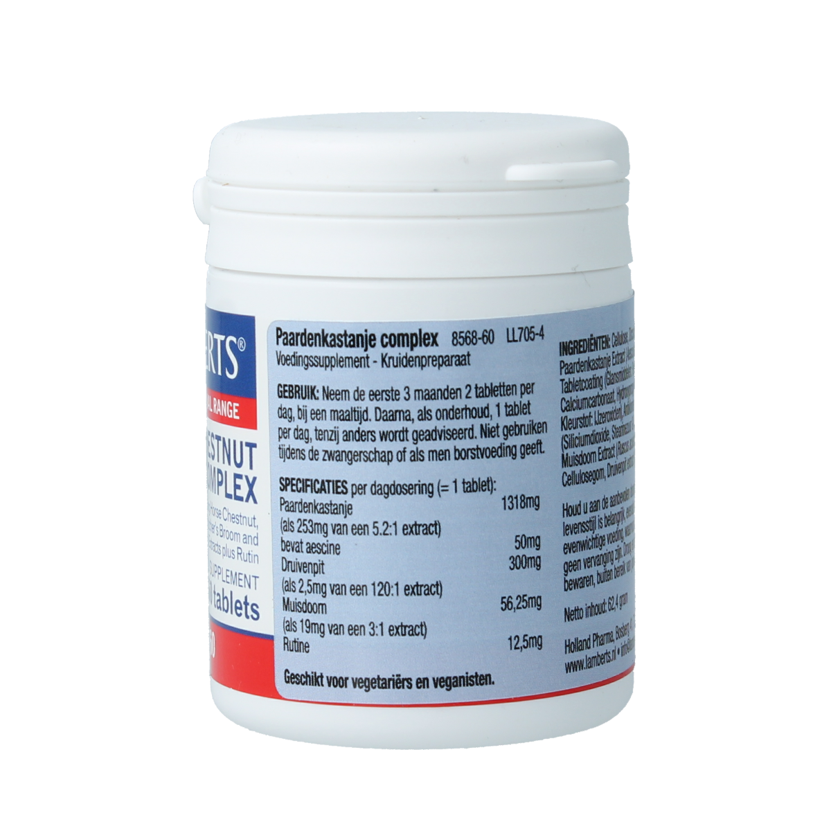 Lamberts Paardenkanstanje complex herbal supplement with horse chestnut in a bottle of 60 tablets, for supporting leg health.