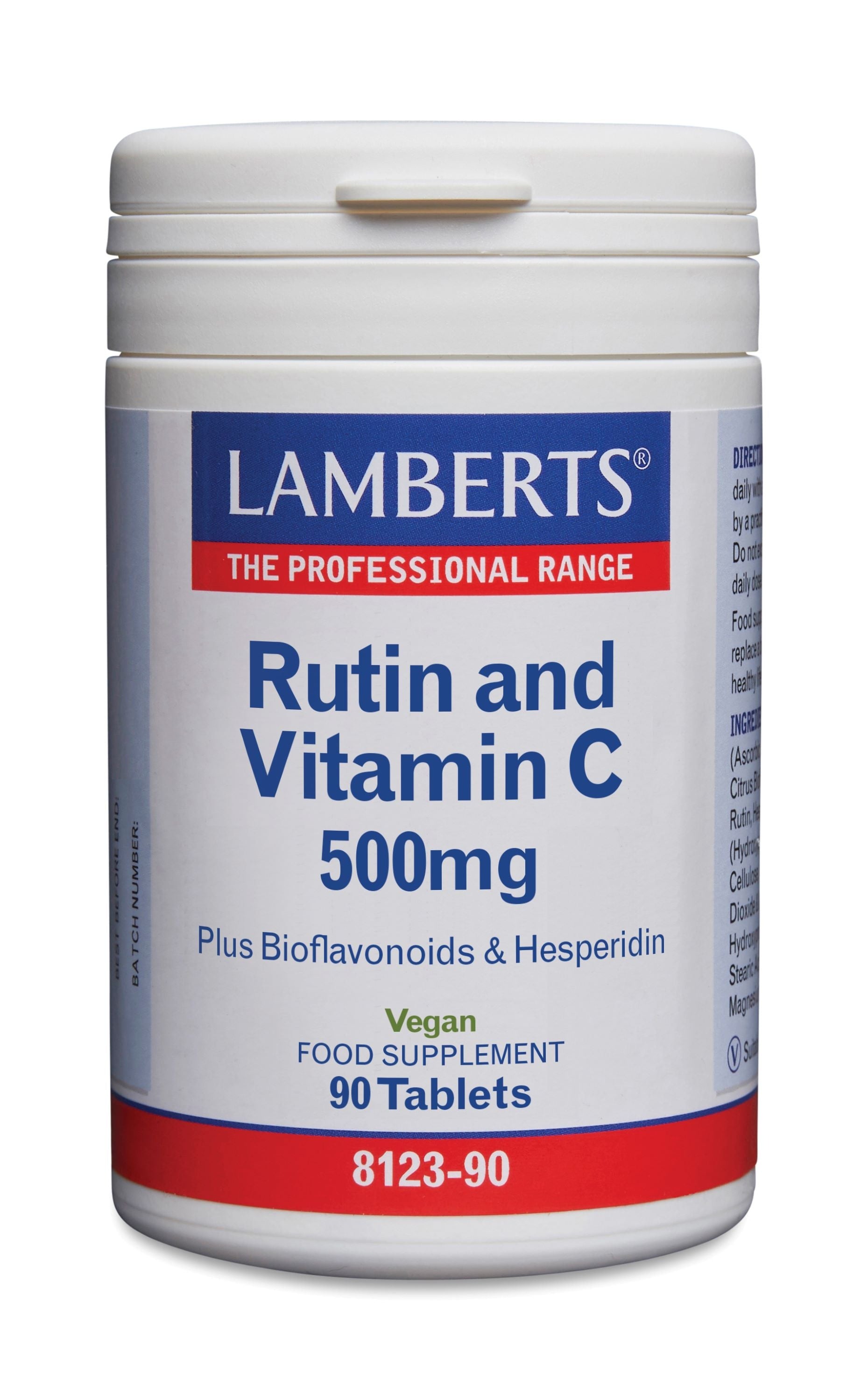Lamberts Vitamin C 500mg tablets with rutin and bioflavonoids, 90-count bottle, close-up of the supplement tablets in container
