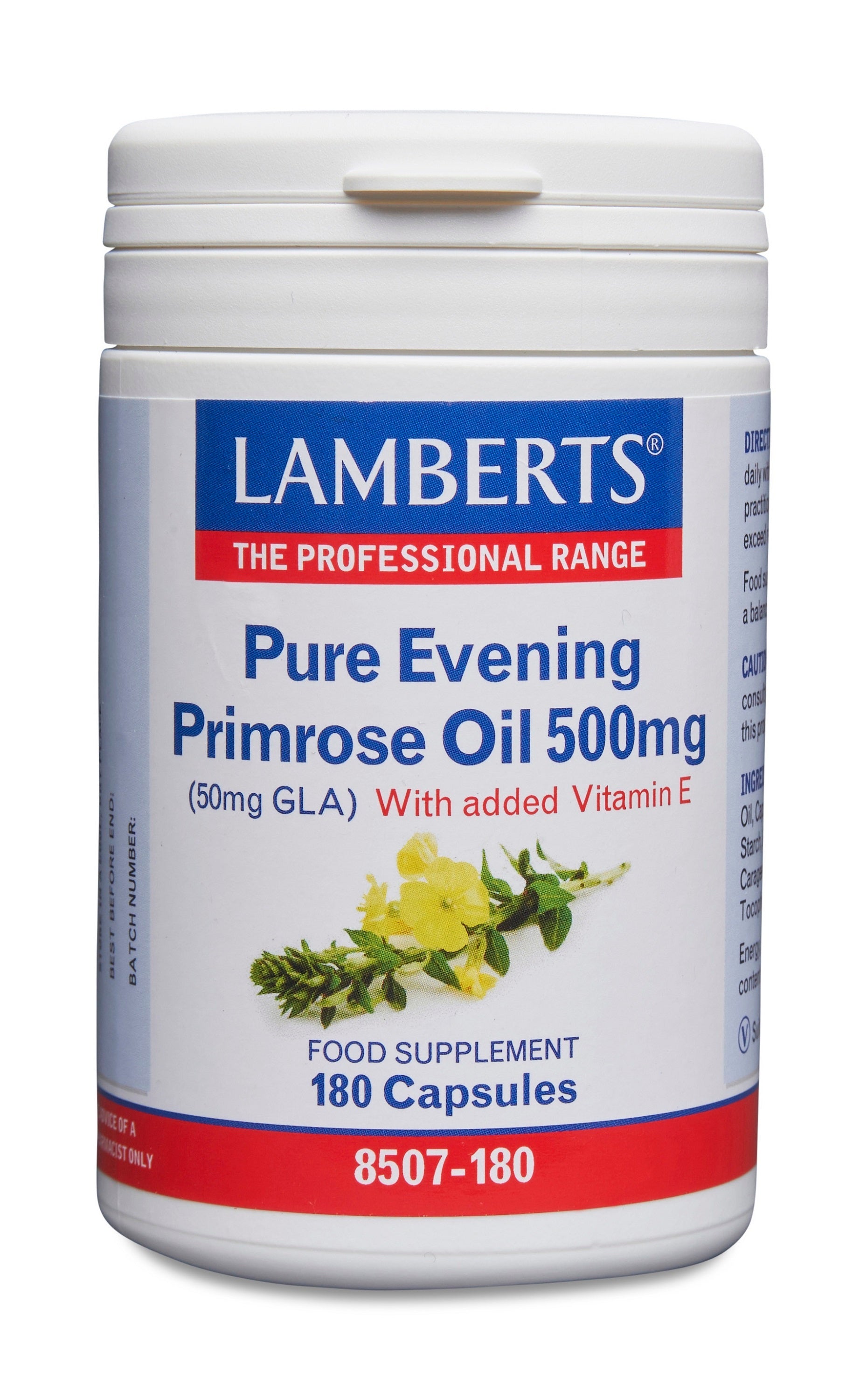 Lamberts Teunisbloemolie 500mg evening primrose oil vegetarian capsules, showing the supplement bottle and capsules.