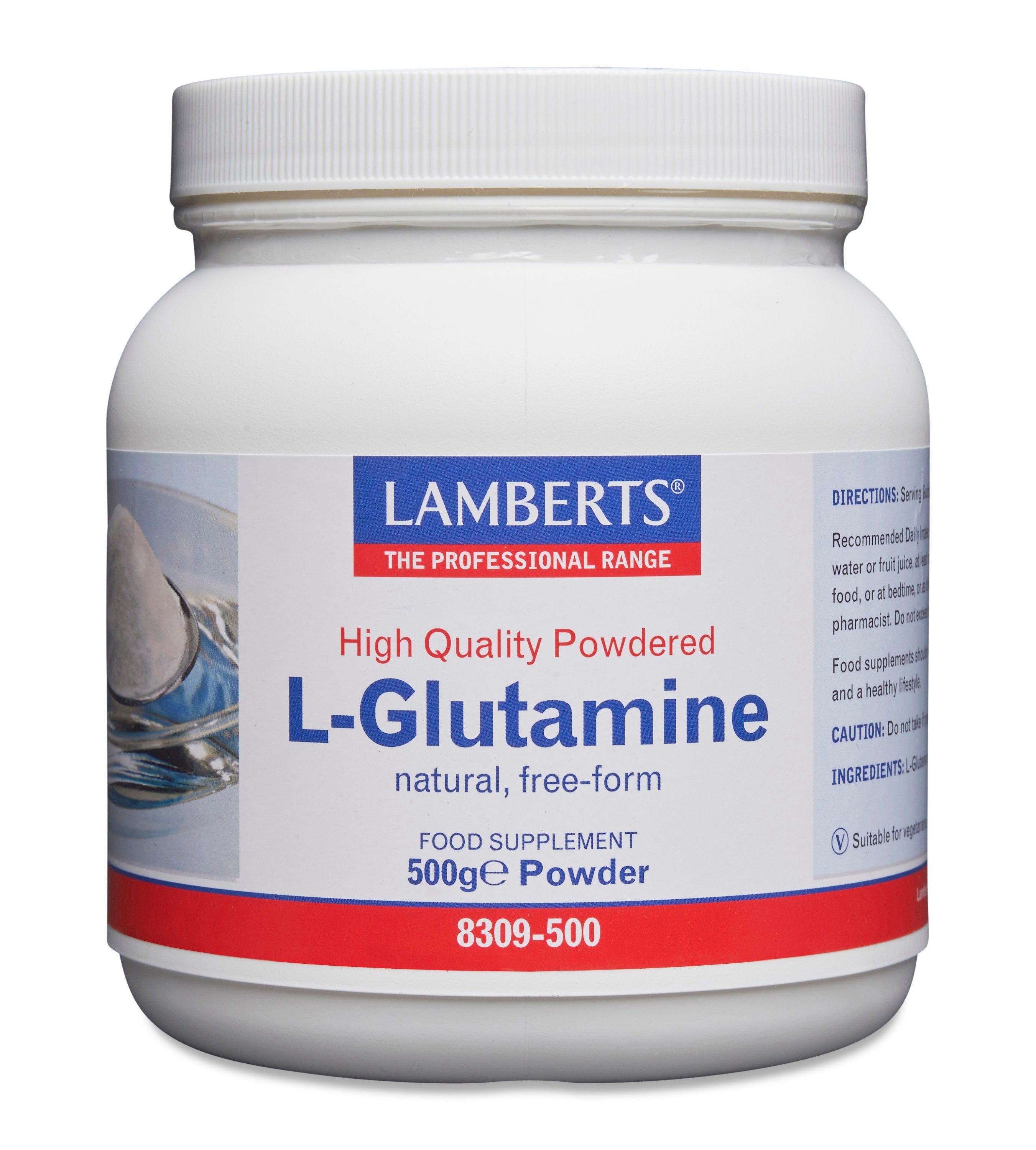 Lamberts L-Glutamine powder in a 500g container, a dietary amino acid supplement for muscle recovery and immune support.