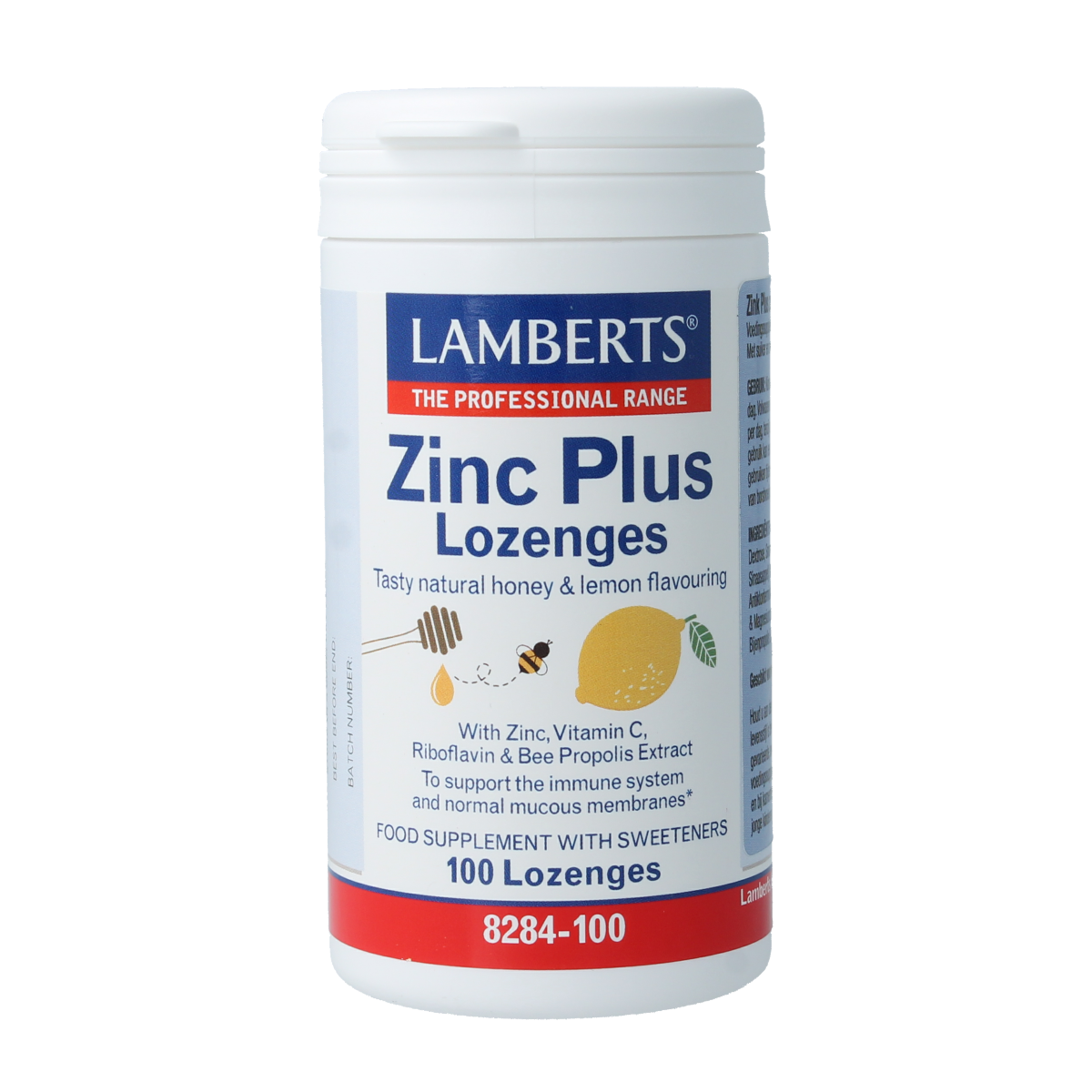 Lamberts Zinc plus mineral supplement in 100 lozenges, showing the zinc tablets with packaging and branding.