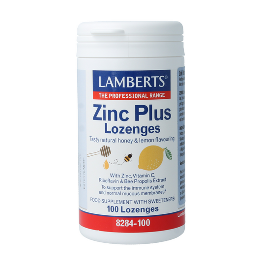 Lamberts Zinc plus mineral supplement in 100 lozenges, showing the zinc tablets with packaging and branding.