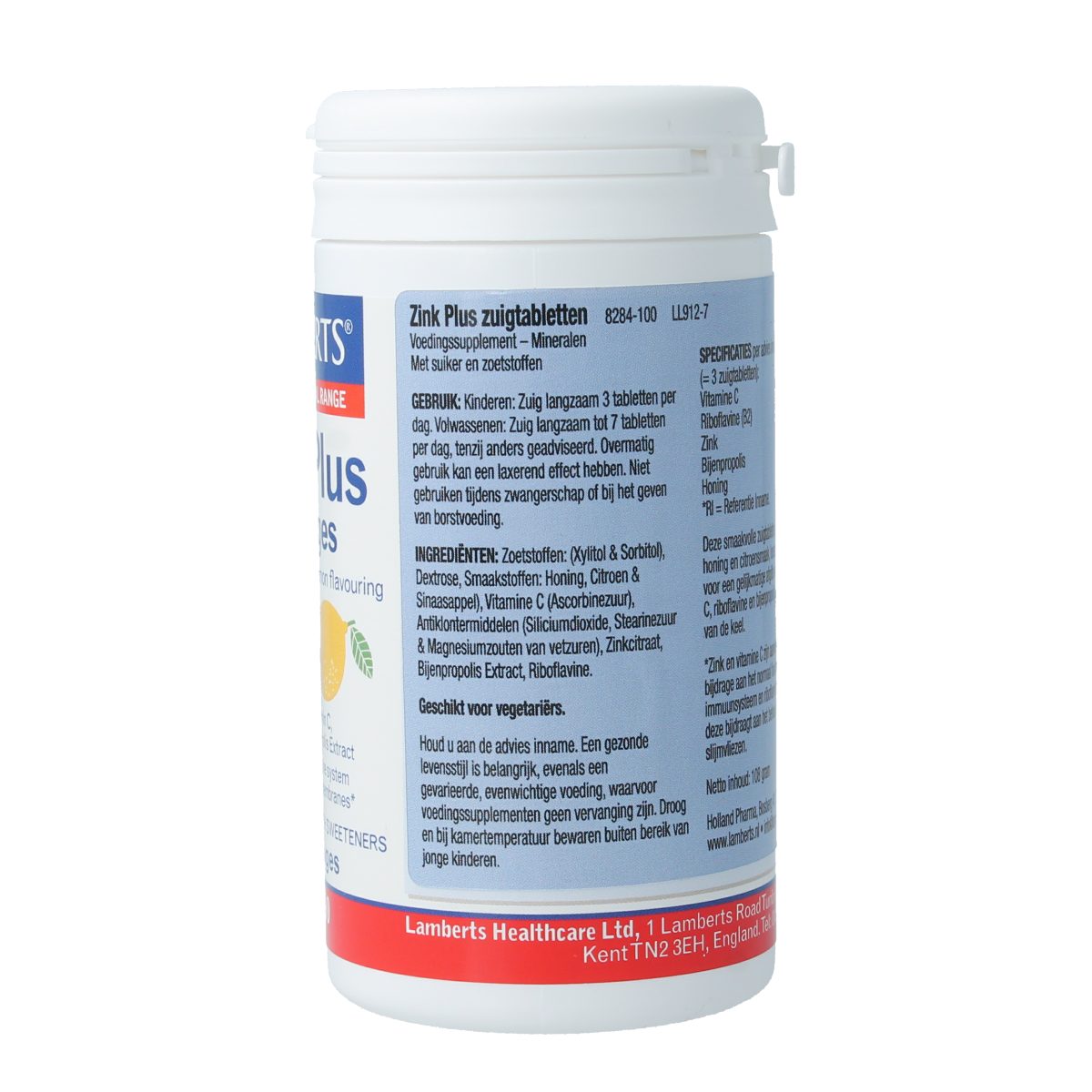 Lamberts Zinc Plus zinc supplement tablets, mineral dietary supplement, white bottle with tablets visible inside