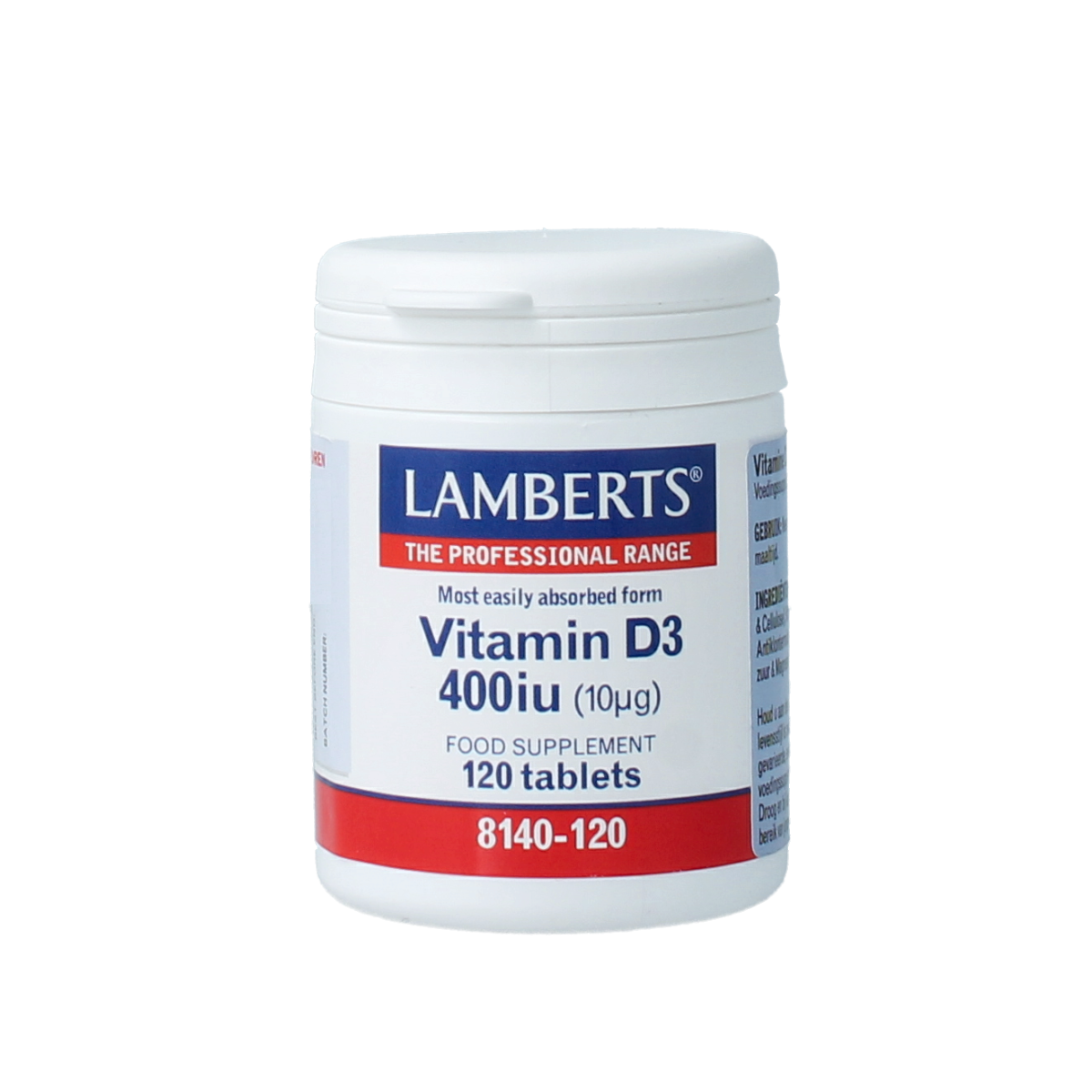 Lamberts Vitamin D3 400IU 10mcg supplement bottle with 120 tablets, showing the label and tablets inside.