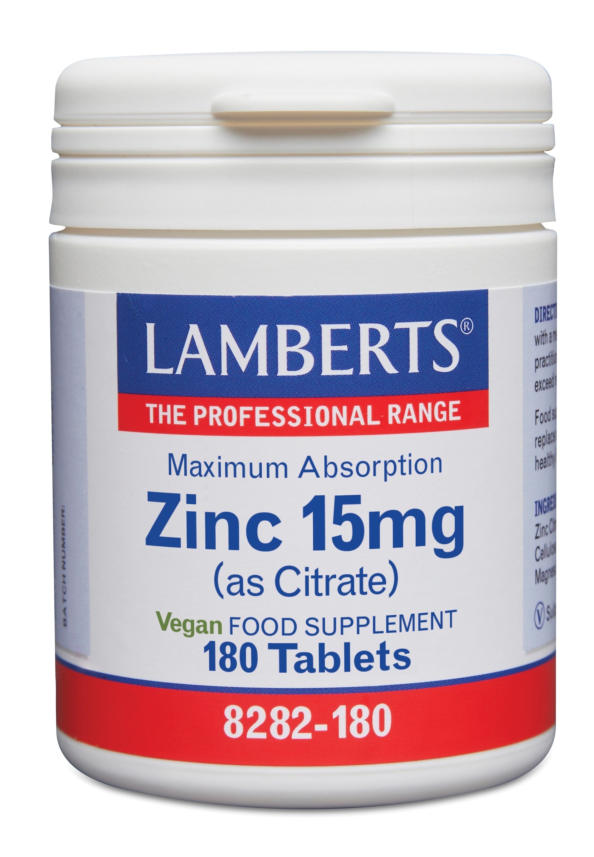 Lamberts Zinc Citrate 15mg supplement in a bottle of 180 tablets, showing the label and tablets inside the container.