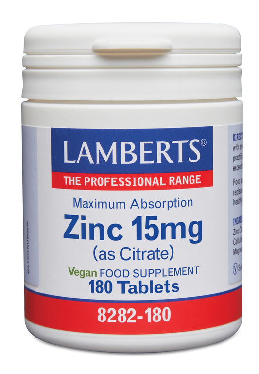 Lamberts Zinc Citrate 15mg supplement in a bottle of 180 tablets, showing the label and tablets inside the container.
