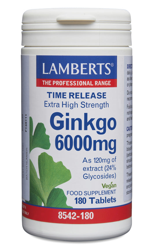 Lamberts Ginkgo 6000mg time release tablets, herbal supplement, 180 count, showing the supplement bottle and label.