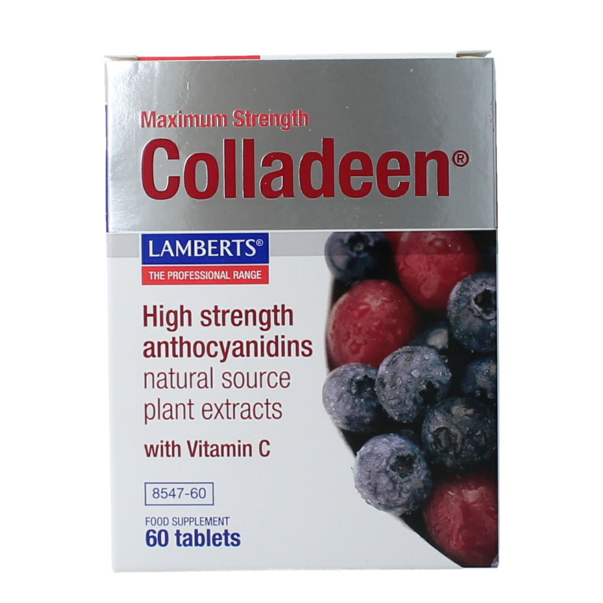 Lamberts Colladeen herbal supplement tablets in a bottle, shown with packaging and tablets in a natural setting.