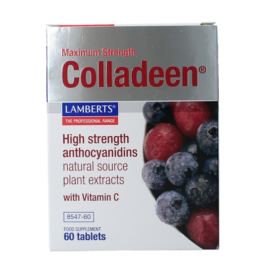 Lamberts Colladeen herbal supplement tablets in a bottle, shown with packaging and tablets in a natural setting.