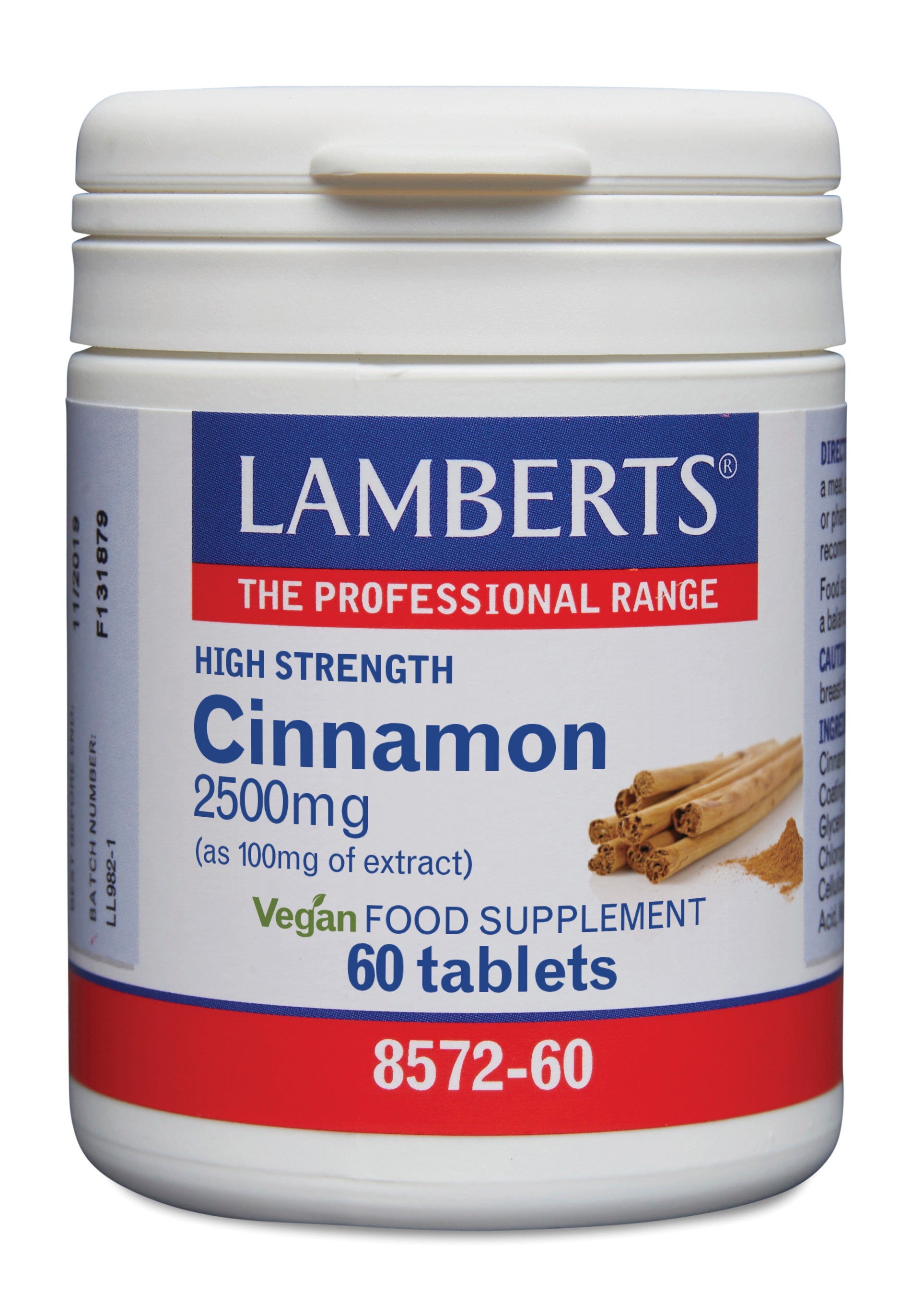 Lamberts Kaneel 2500mg cinnamon tablets in a bottle, herbal supplement from Lamberts with 60 tablets, kruidpreparaat.