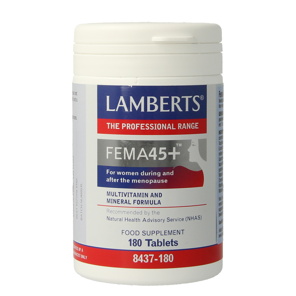 Lamberts FEMA 45+ multivitamin tablets, 180-count bottle, dietary supplement for women over 45, with essential vitamins.