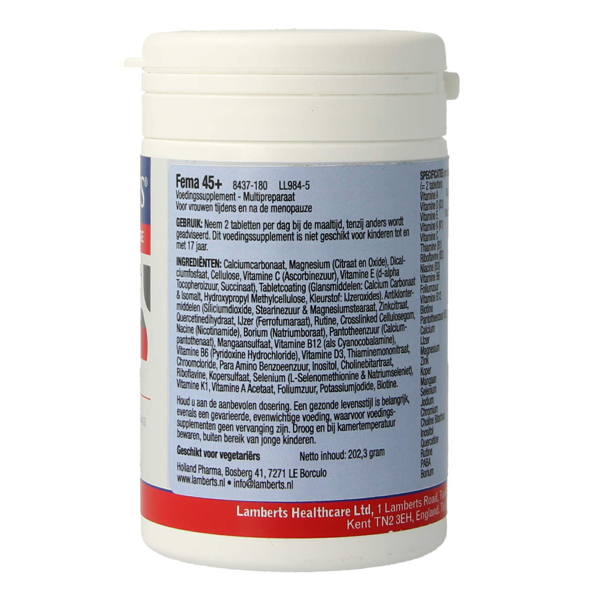 Lamberts FEMA 45+ multivitamin tablets for women over 45, showing a bottle of 180 tablets on the product label.