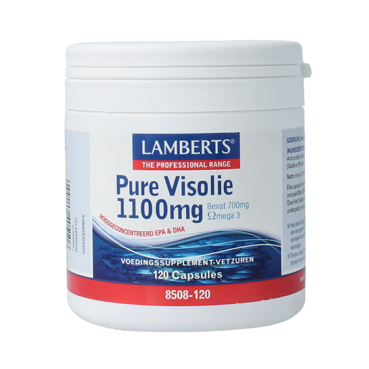 Lamberts Pure Visolie 1100mg omega-3 Vetzuren capsules, showing the supplement bottle and capsules inside