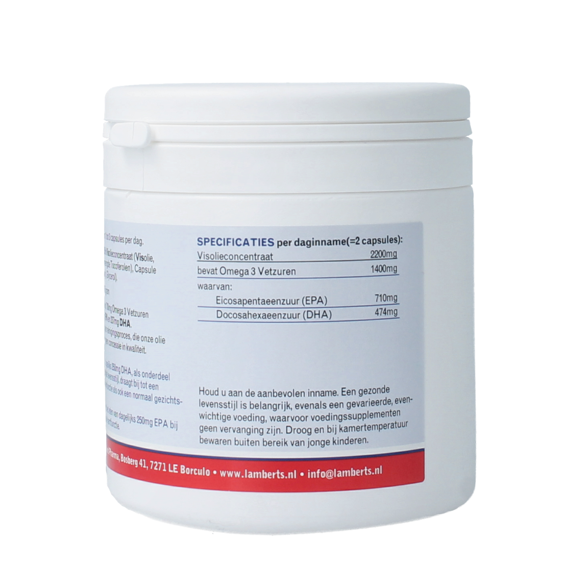 Lamberts Pure Visolie 1100mg Omega-3 Vetzuren capsules, close-up view of the supplement bottle and capsules.