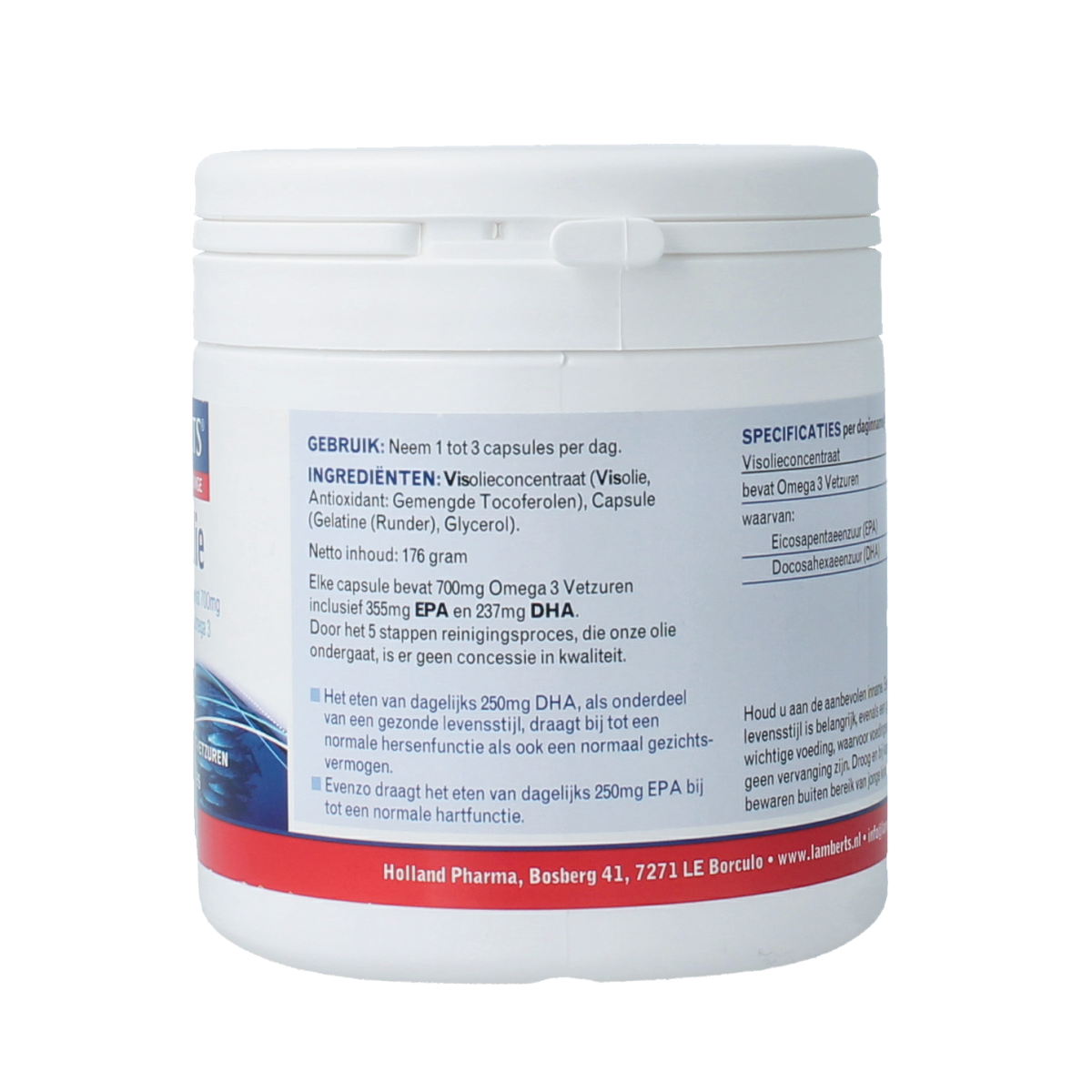 Lamberts Pure Visolie Omega 3 1100mg capsules, softgel format, showing the supplement bottle and capsules.