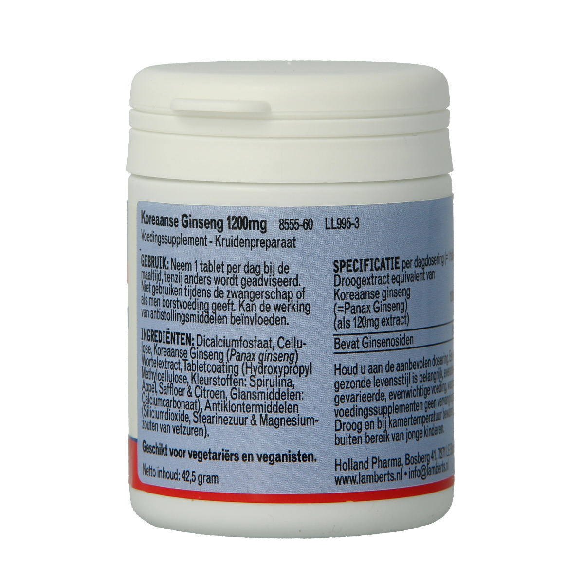 Lamberts Ginseng Koreaans 1200mg herbal supplement tablets, 60 count, natural ginseng root extract for energy support.