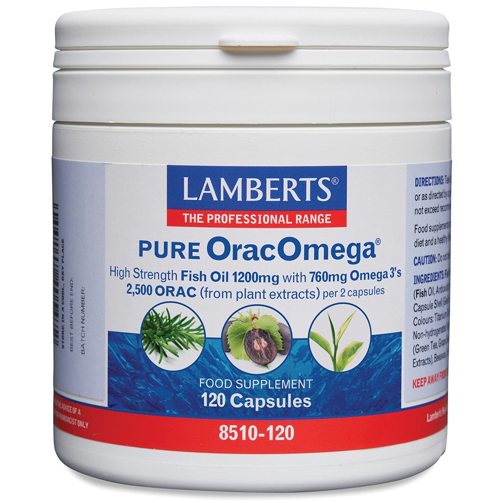 Lamberts Pure Orac Omega Vetzuren capsules, 1200mg, showing a bottle of 120 capsules with label details visible.