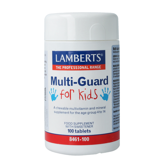 Lamberts Multi-Guard kids multivitamin chew tablets in a colorful bottle, designed for children's nutritional support.