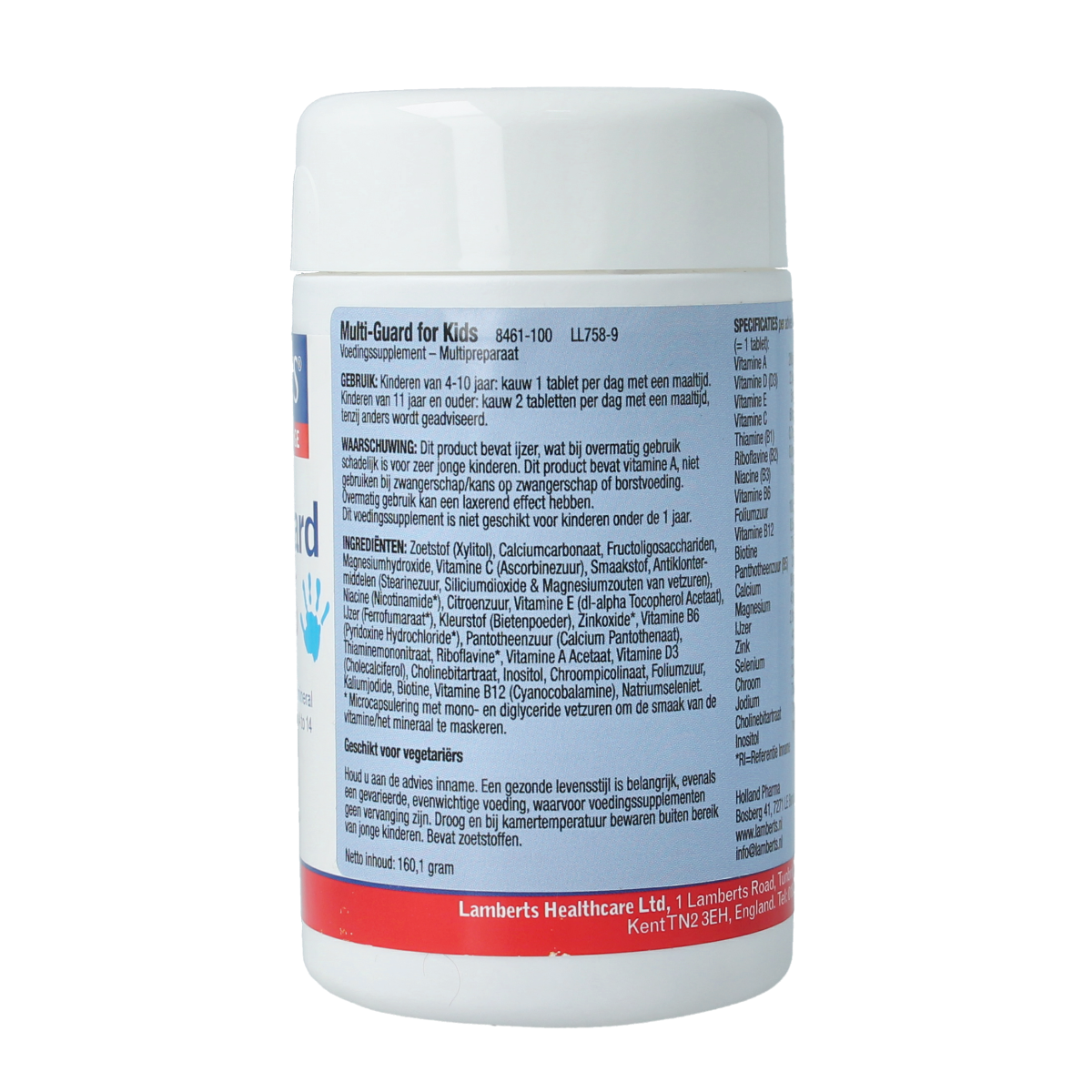 Lamberts Multi-Guard for Kids chewable multivitamins in a bottle, containing 100 chewable tablets for children's nutritional support.