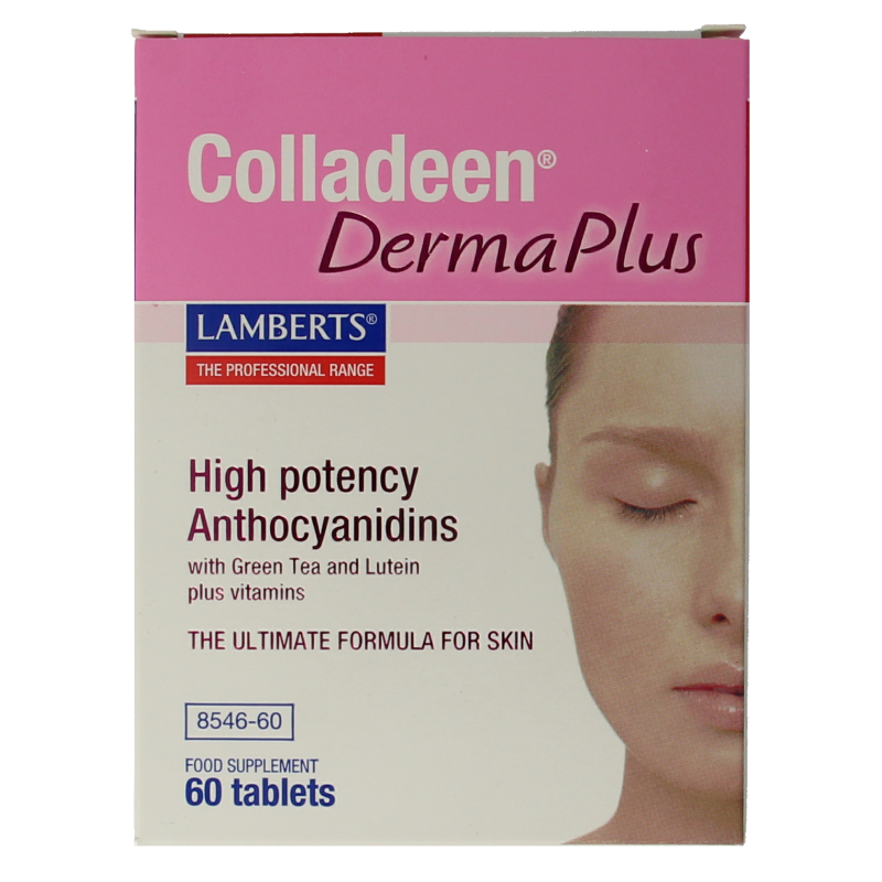 Lamberts Colladeen Derma Plus herbal supplement tablets in a bottle, designed to support skin health with natural ingredients.
