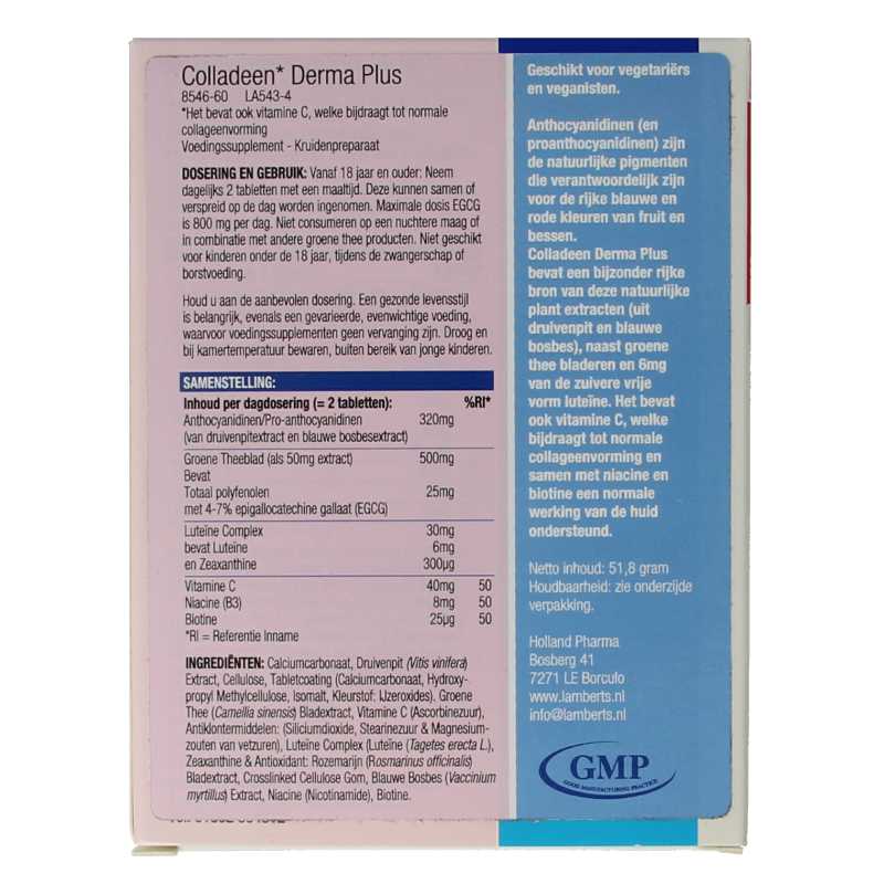 Lamberts Colladeen Derma Plus herbal supplement tablets in a bottle, designed for skin health and circulation support.