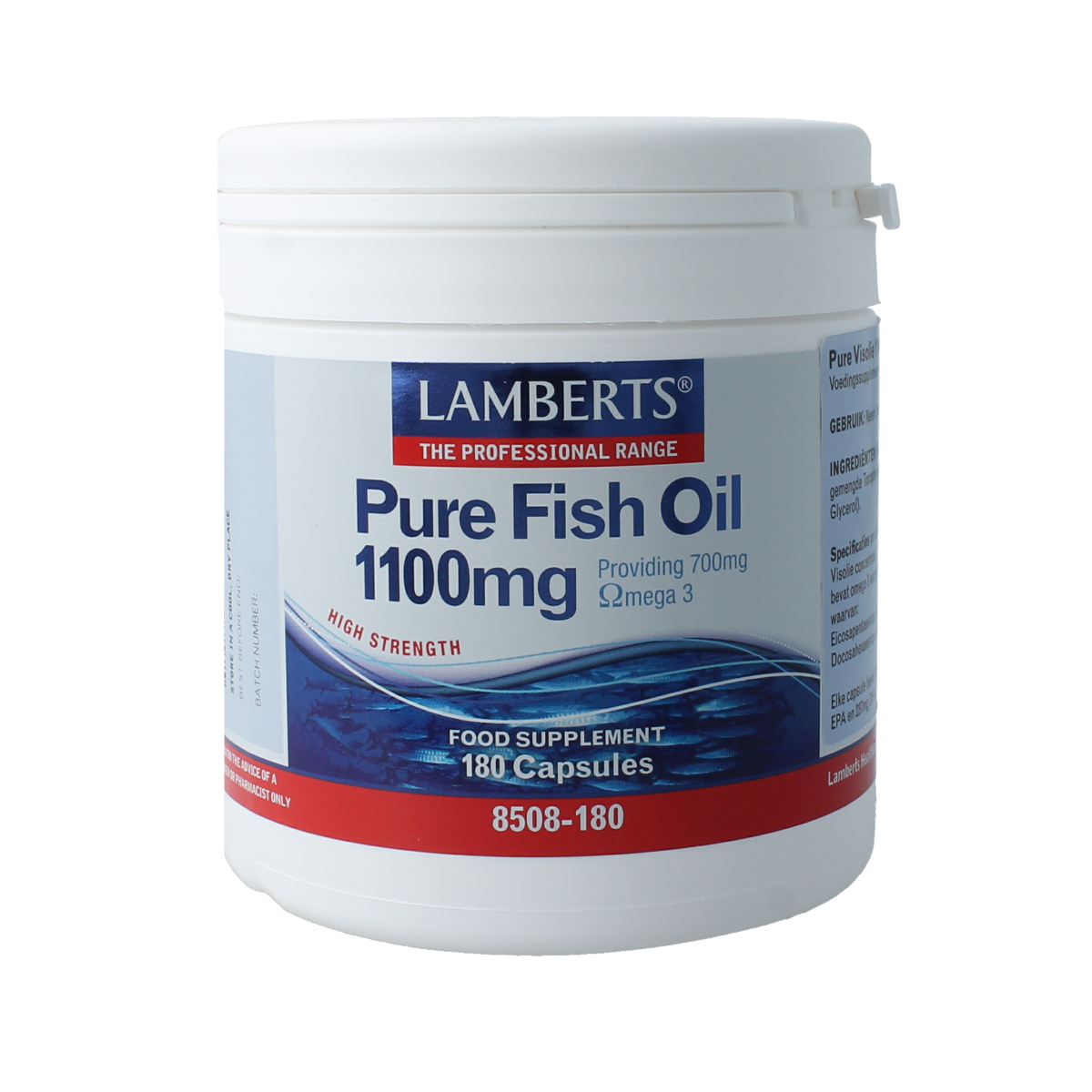 Lamberts Pure Visolie omega 3 1100mg capsules, Vetzuren supplement showing a bottle with capsules inside.