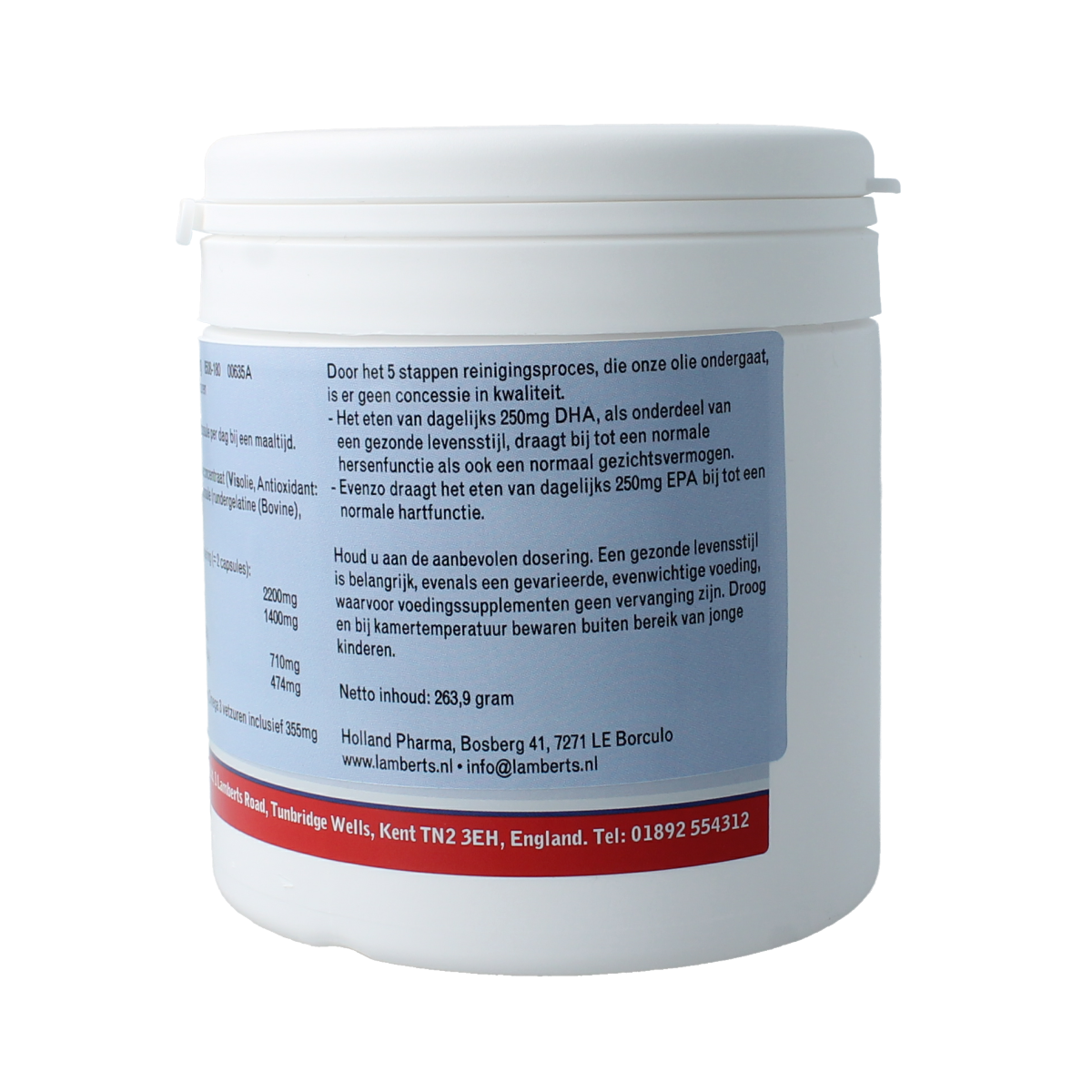 Lamberts Pure Visolie 1100mg omega-3 vetzuren capsules, showing the supplement bottle with capsules inside