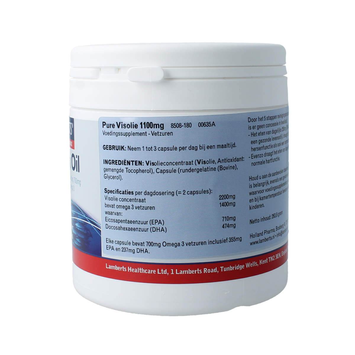 Lamberts Pure Visolie 1100mg omega-3 Vetzuren capsules, showing a close-up of the bottle and capsules inside.