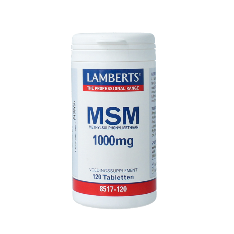 Lamberts MSM 1000mg mineral supplement in a bottle with 120 tablets, featuring a white label and supplement branding.