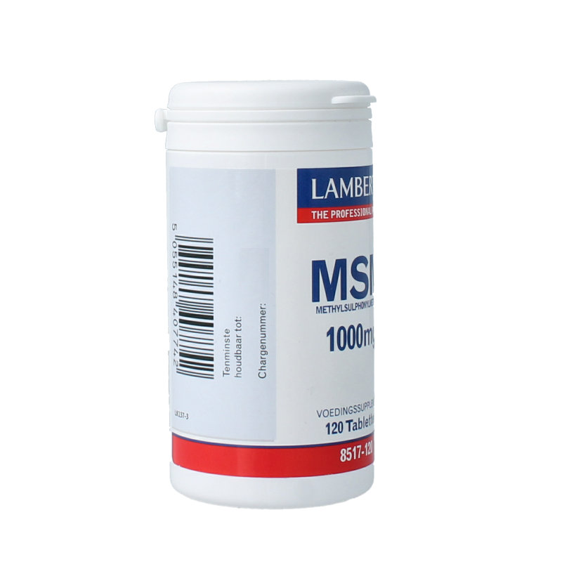 Lamberts MSM 1000mg mineral supplement tablets, showing a bottle of 120 tablets for joint and skin health.