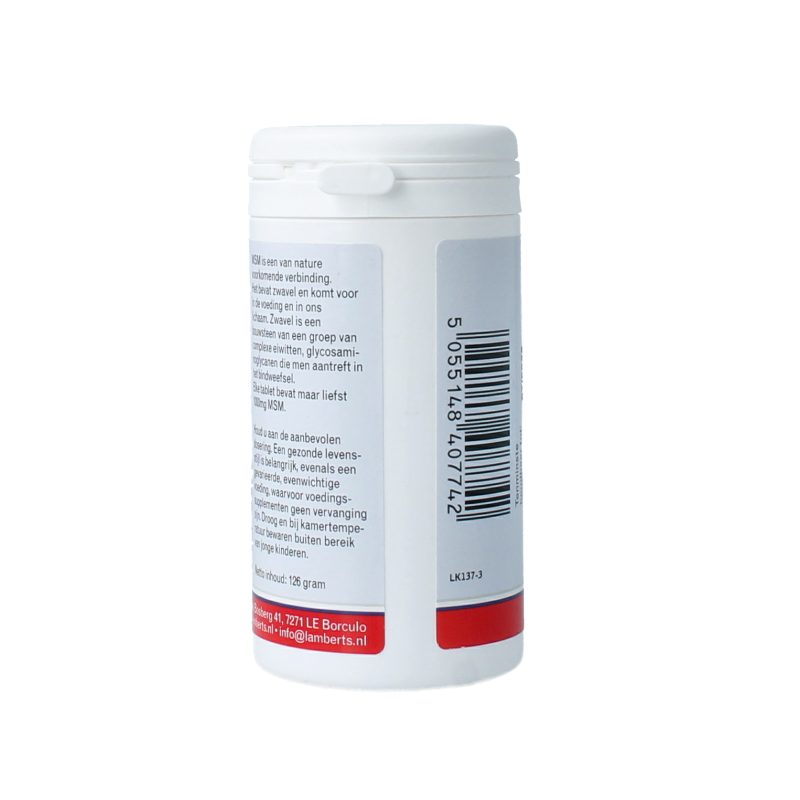 Lamberts MSM 1000mg mineral tablets in a bottle, showing round white tablets for joint and skin health.