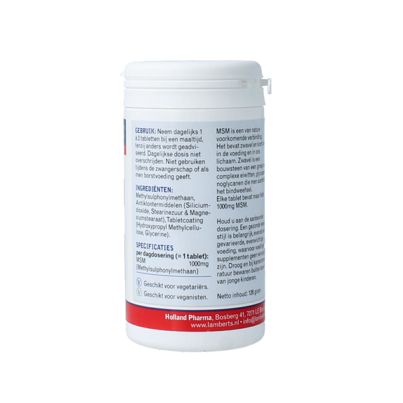 Lamberts MSM 1000mg mineral supplement tablets, showing a bottle with 120 tablets on the label.