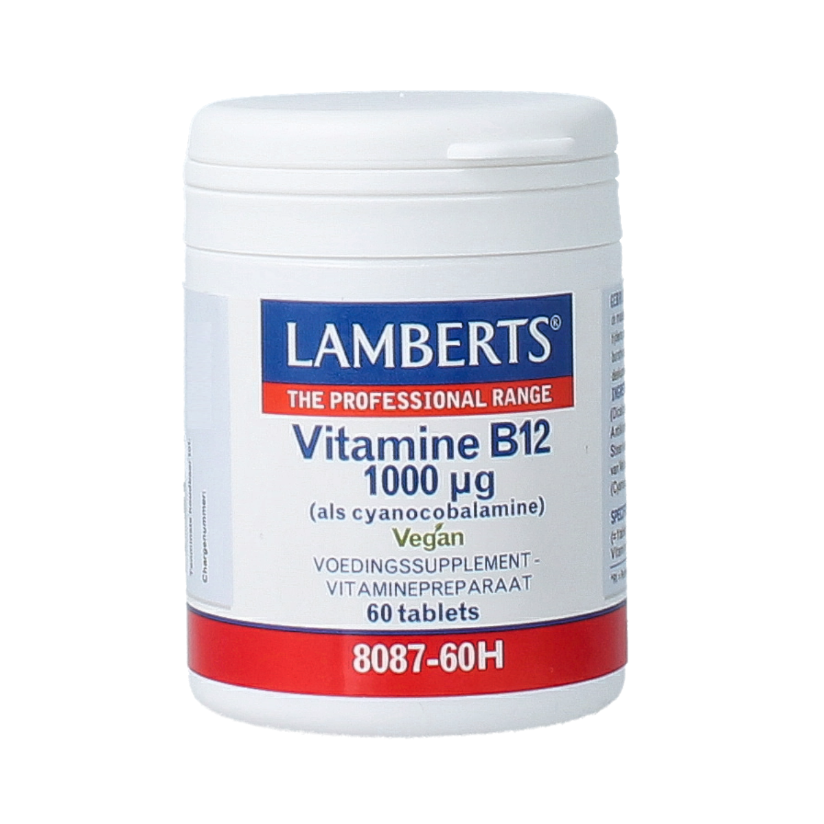Lamberts Vitamin B12 1000mcg cyanocobalamin supplement tablets, close-up of a bottle with 60 tablets.