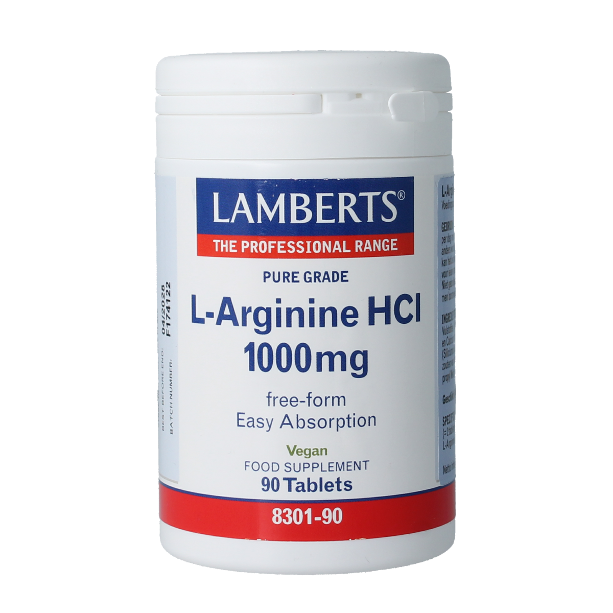 Lamberts L-Arginine 1000mg amino acid tablets in a bottle, dietary supplement for healthy blood flow and cardiovascular support.