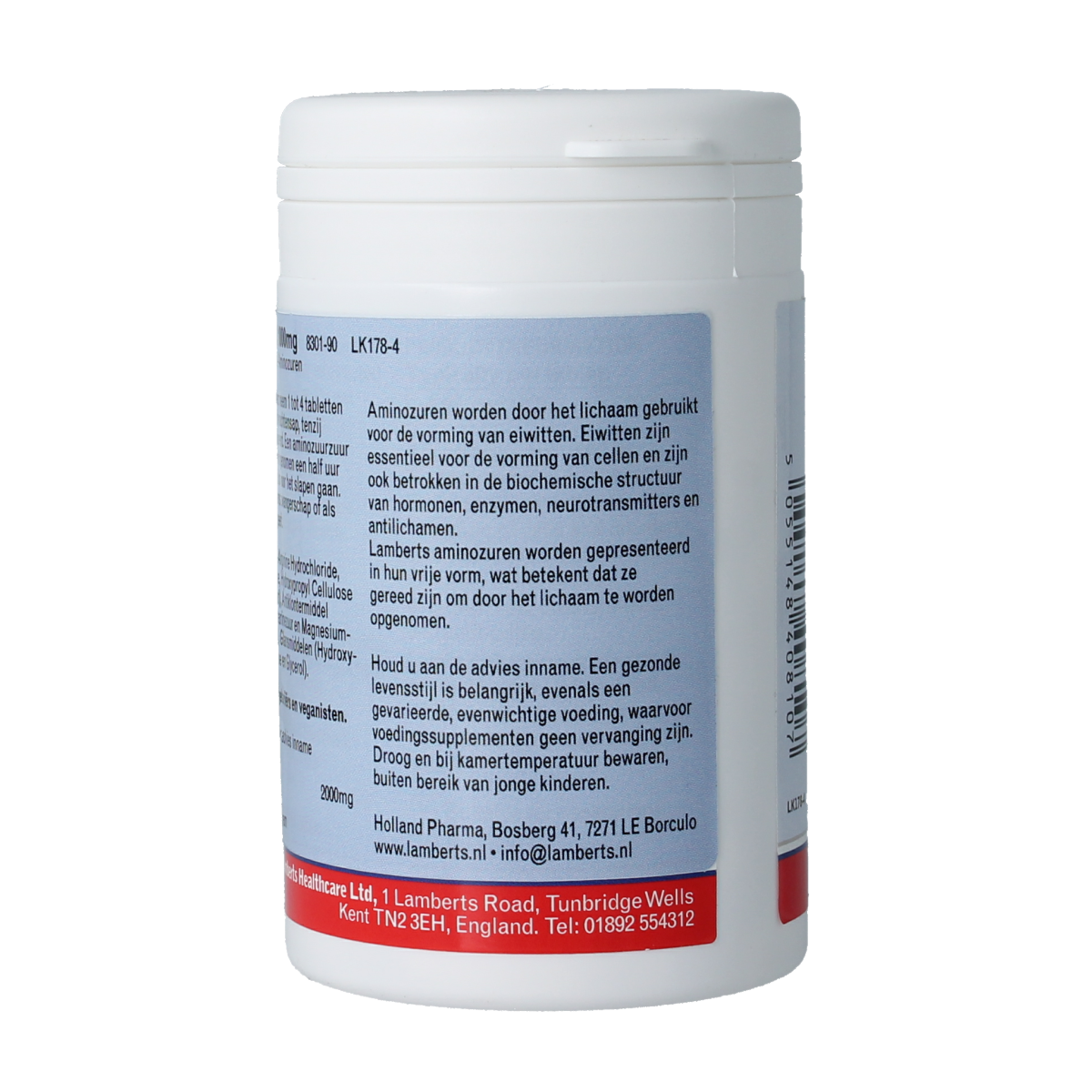 Lamberts L-Arginine 1000mg amino acid tablets, 90 count, shown in blister pack with white and blue packaging.