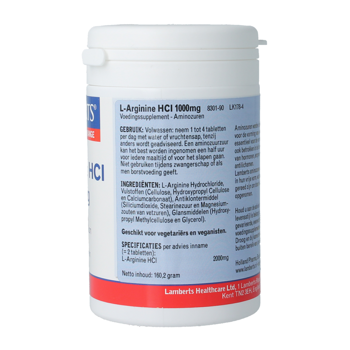 Lamberts L-Arginine 1000mg amino acid tablets in a bottle, dietary supplement for supporting nitric oxide production.
