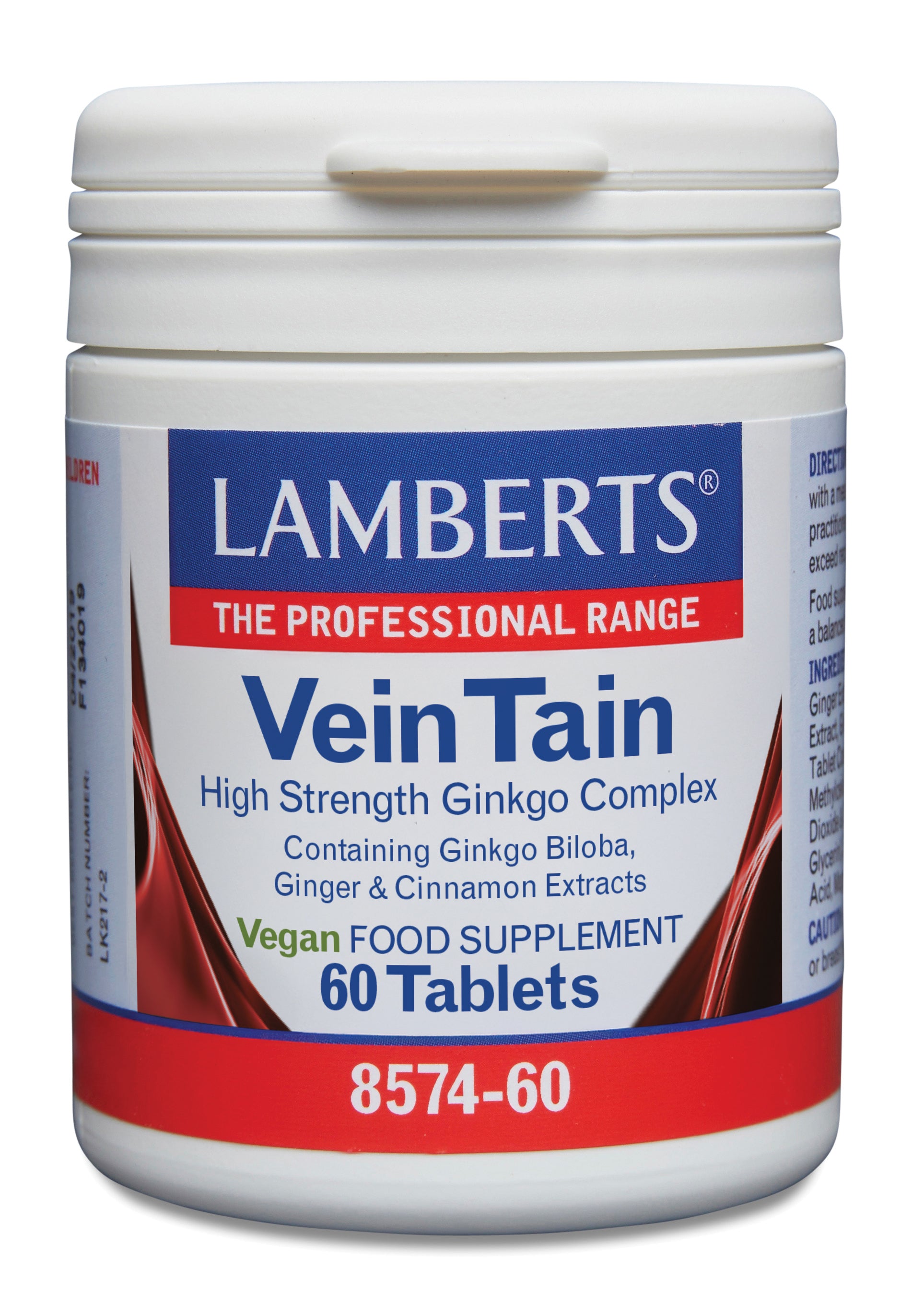 Lamberts Veintain herbal supplement tablets with ginkgo and cinnamon, in a clear bottle with white tablets.