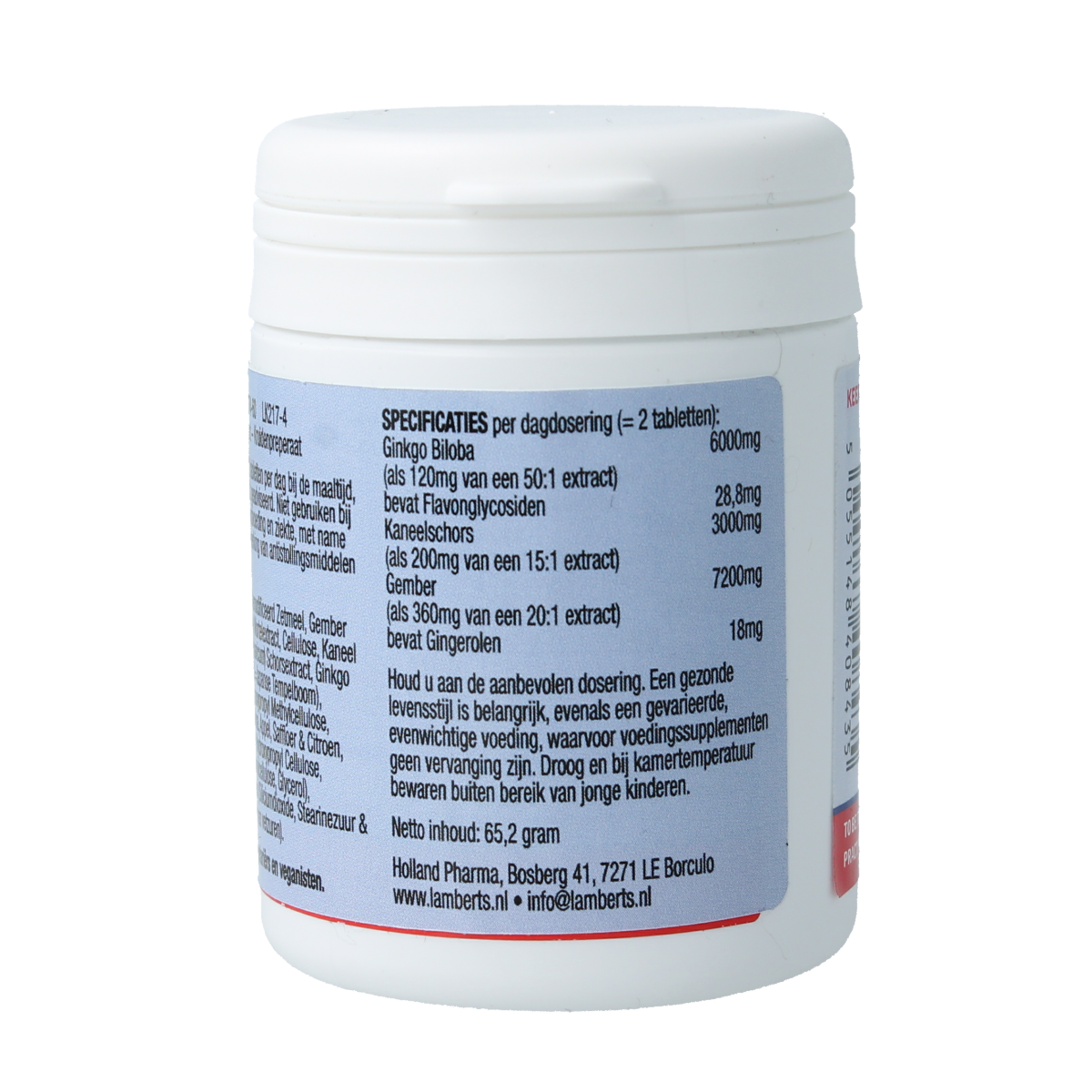 Lamberts Veintain herbal supplement tablets with ginkgo and cinnamon, showing a bottle of 60 capsules on the label.