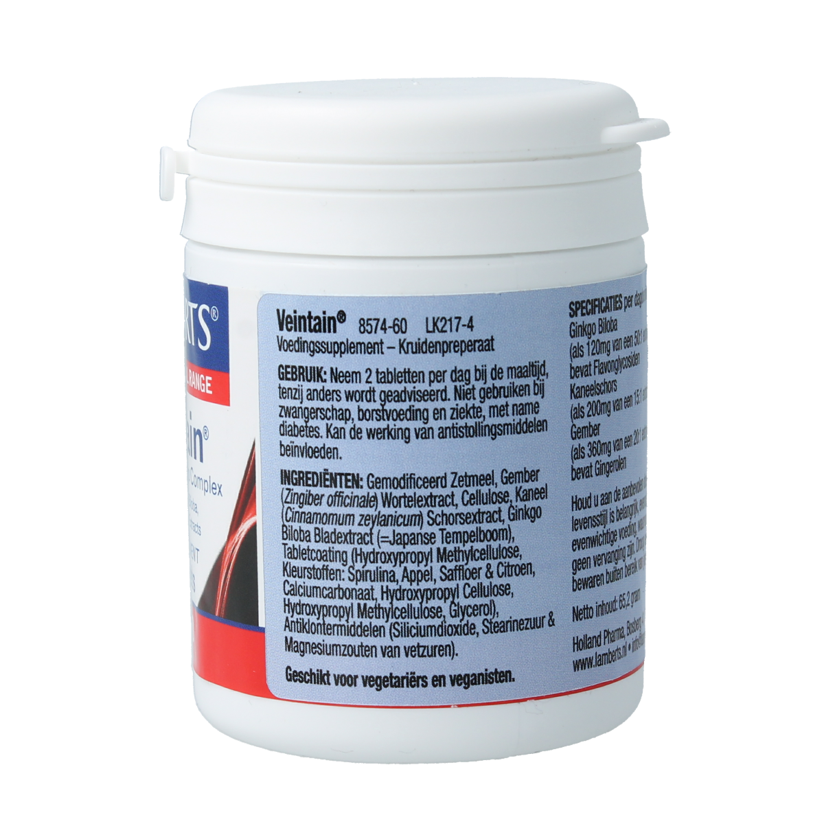 Lamberts Veintain herbal supplement with ginkgo and cinnamon tablets in a bottle, natural herbal preparation.