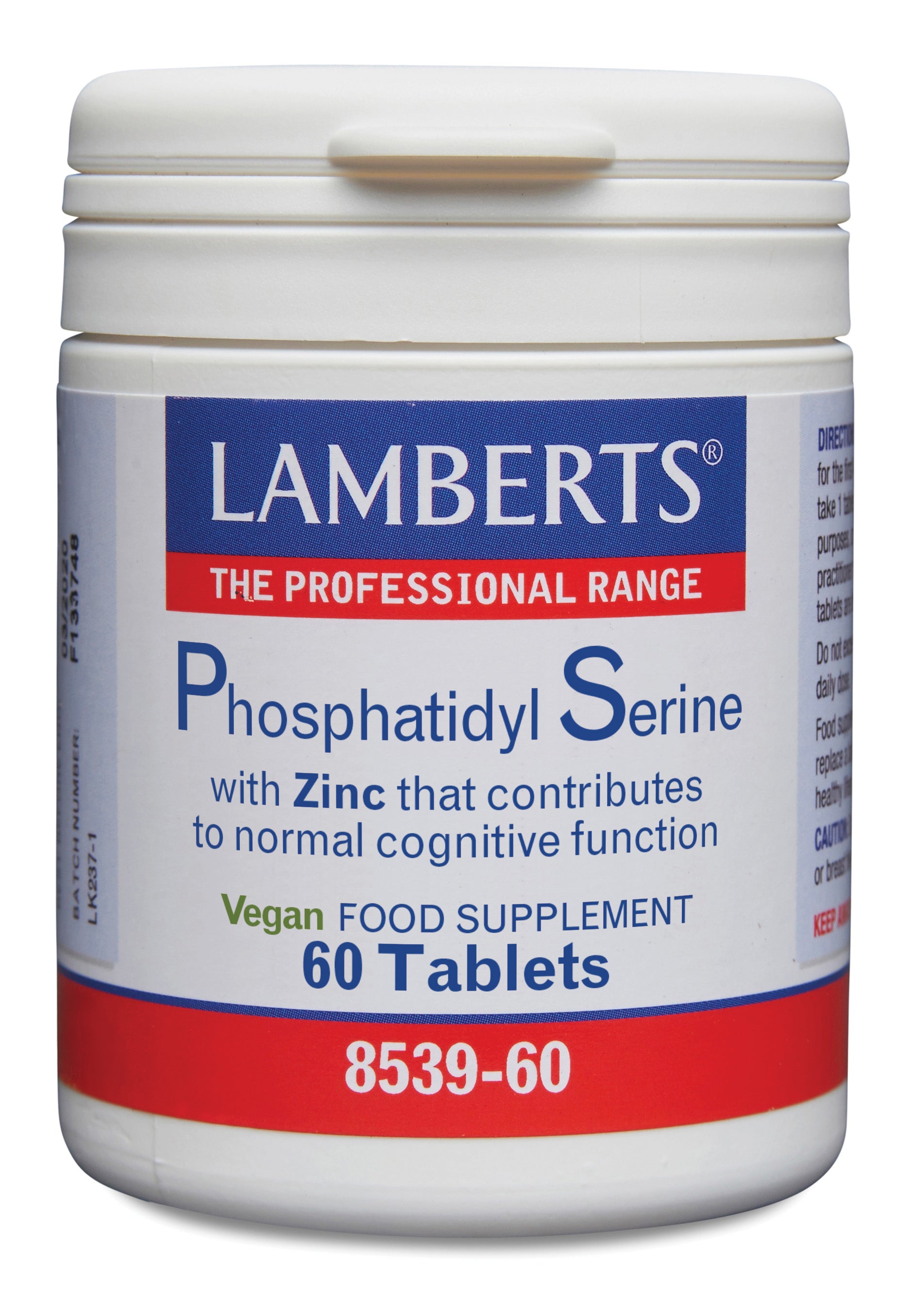 Lamberts Phosphatidylserine 100mg supplement tablets, herbal preparation, arranged in a bottle with white tablets inside.