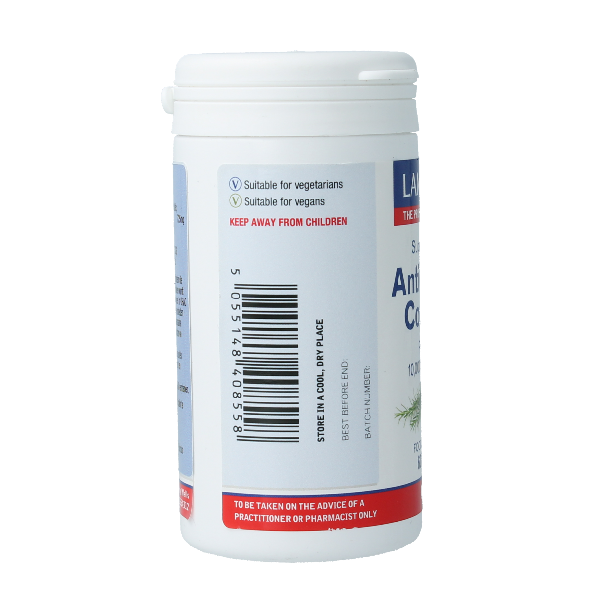 Lamberts Antioxidant Complex supplement bottles showing 60 tablets, herbal supplement by Lamberts, in a natural setting