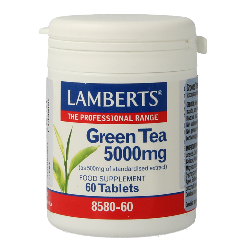 Lamberts Groene Thee 5000mg herbal supplement in a bottle with 60 tablets, natural green tea extract for health support