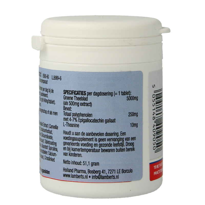 Lamberts Groene Thee supplement in a bottle, showing 60 tablets of herbal preparation for health and wellness.