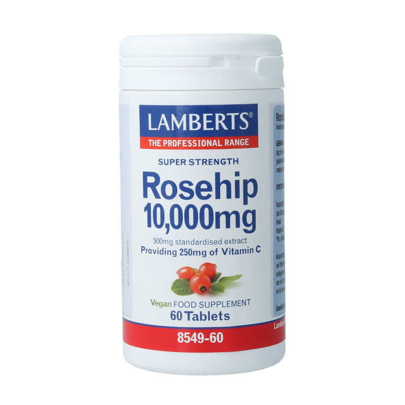 Lamberts Rozenbottel 10,000mg herbal supplement in a bottle with 60 tablets, shown in a natural setting.