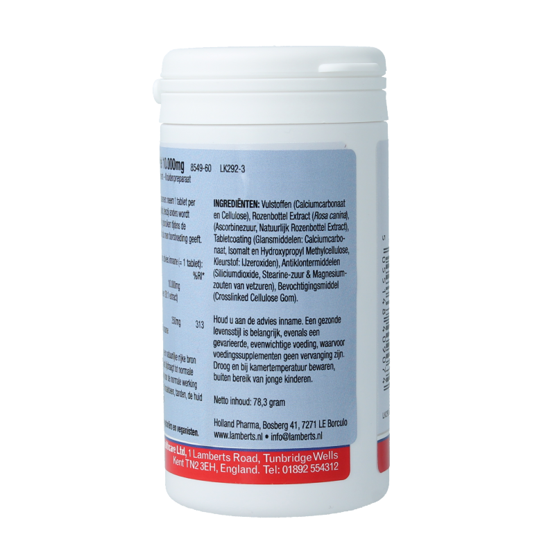 Lamberts Rozenbottel 10,000mg herbal supplement in a white bottle with 60 tablets, displayed against a plain background.